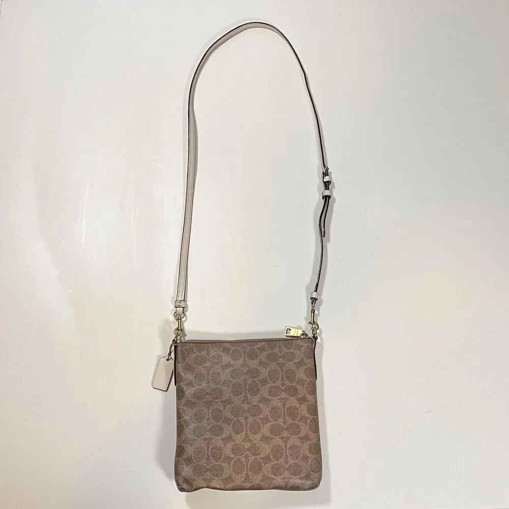 Coach Signature Stripe Crossbody Bag Womens Small Brown Cream Leather Purse